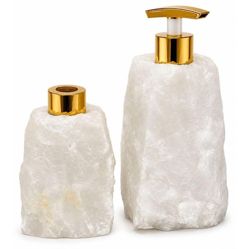 Kit Dispenser para Sabonete Líquido e Difusor de Essências Pedra Natural Exótica Quartzo Branco