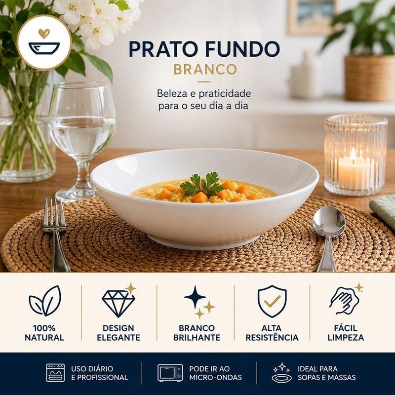 Jogo de Pratos Fundos Essenza 8 Peças Vidro Opalino Branco Rojemac