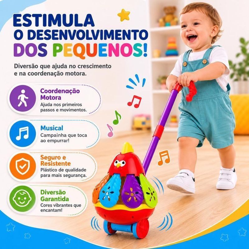 Brinquedo de Empurrar Infantil Galinha Musical Carrinho Educativo Amarelo Yeet