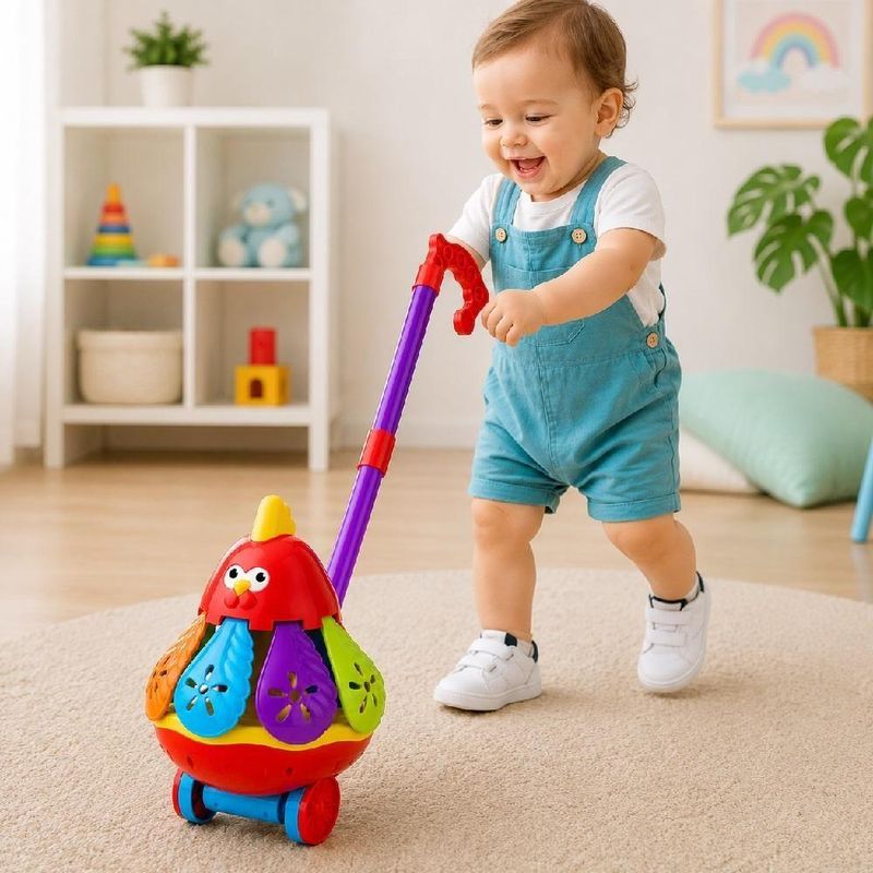 Brinquedo de Empurrar Infantil Galinha Musical Carrinho Educativo Amarelo Yeet