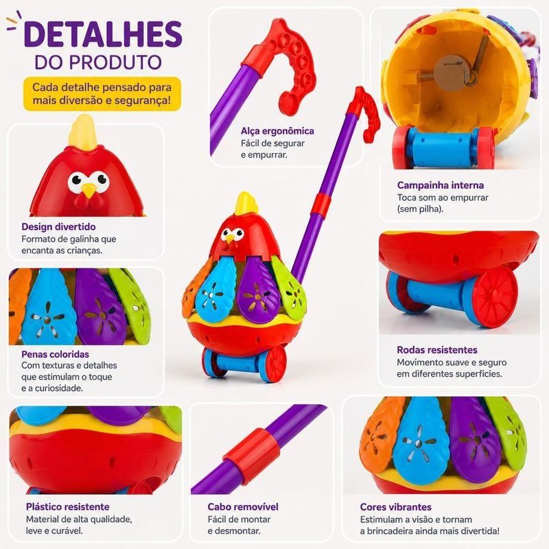 Brinquedo de Empurrar Infantil Galinha Musical Carrinho Educativo Amarelo Yeet
