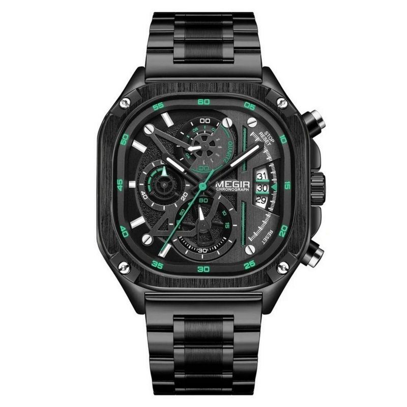 Relógio de Pulso Masculino Analógico Design Quadrado em Aço Inox Verde Megir