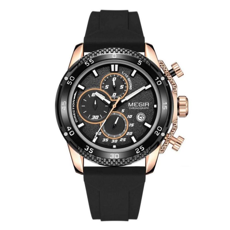 Relógio Masculino Quartzo Cronógrafo com Pulseira de Silicone Preto Megir