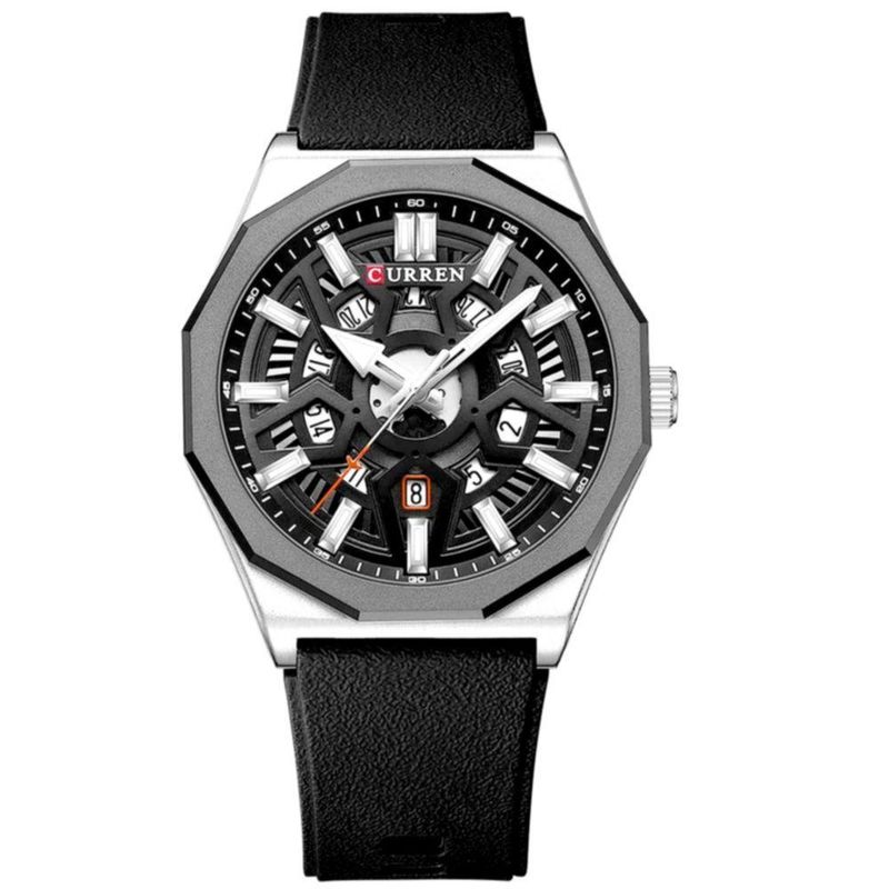 Relógio de Pulso Masculino de Quartzo Design Criativo com Pulseira de Silicone Preto Curren