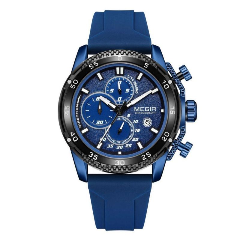 Relógio Masculino Esportivo Quartzo à Prova D'água Azul em Silicone com Cronômetro Azul Megir
