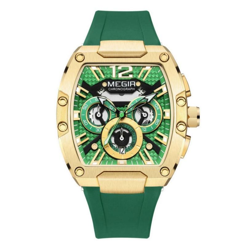 Relógio de Pulso Tonneau Esportivo com Pulseira de Silicone Luminoso Verde Megir