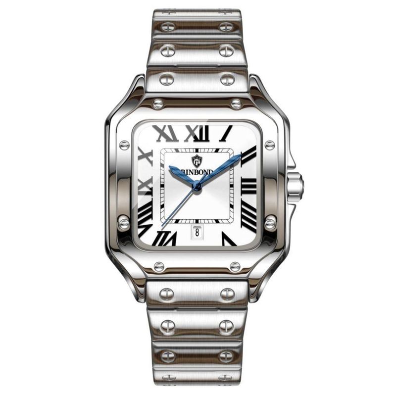 Relógio de Pulso Masculino Relógio de Quartzo à Prova D'água Ponteiro Luminoso Aço Inox Prata