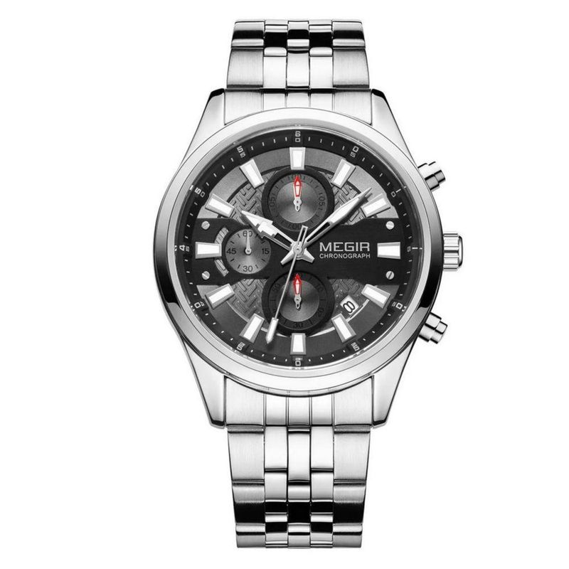 Relógio Masculino Prata Cronógrafo com Pulseira de Aço Inox à Prova D'água Megir