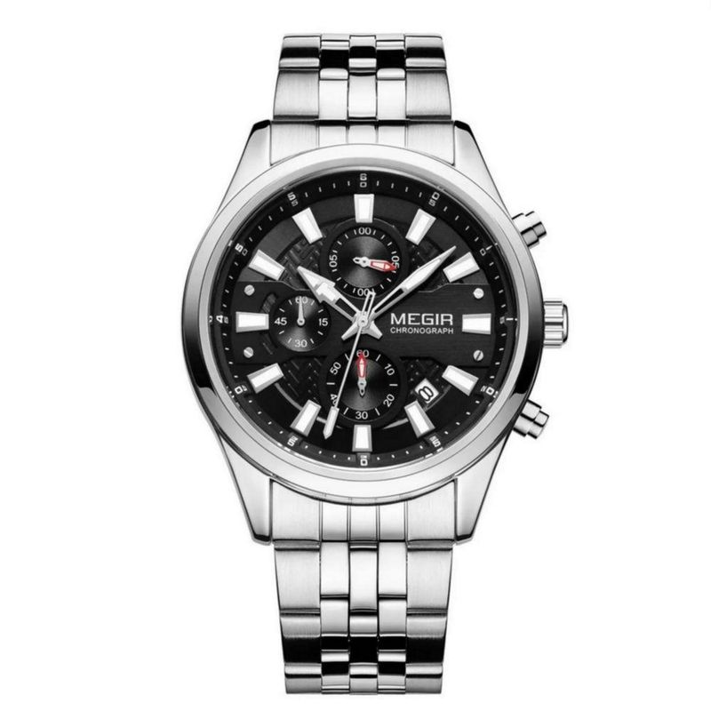 Relógio Masculino Quartzo Analógico e Digital com Pulseira de Aço Inox Preto e Prata Megir