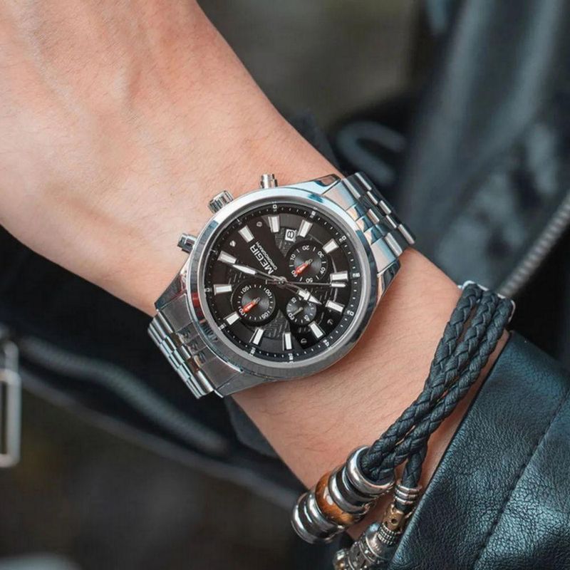 Relógio Masculino Quartzo Analógico e Digital com Pulseira de Aço Inox Preto e Prata Megir