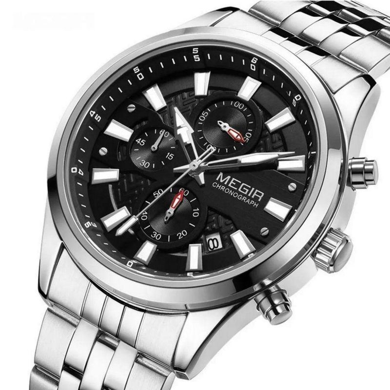 Relógio Masculino Quartzo Analógico e Digital com Pulseira de Aço Inox Preto e Prata Megir