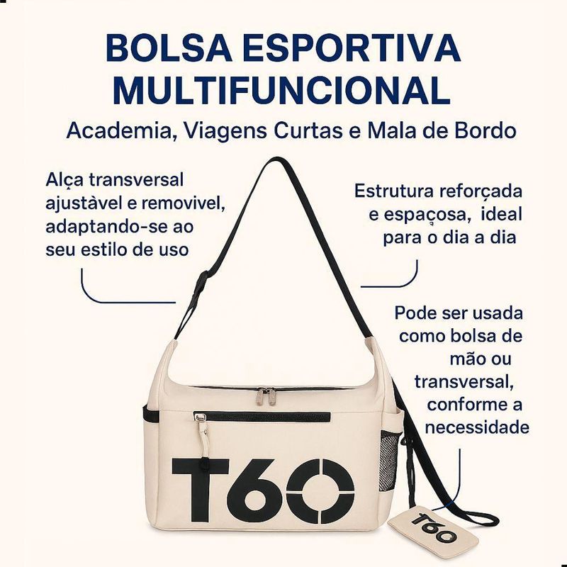 Bolsa Esportiva Transversal Nylon Único Bege com Nécessaire Porta Objetos Unissex