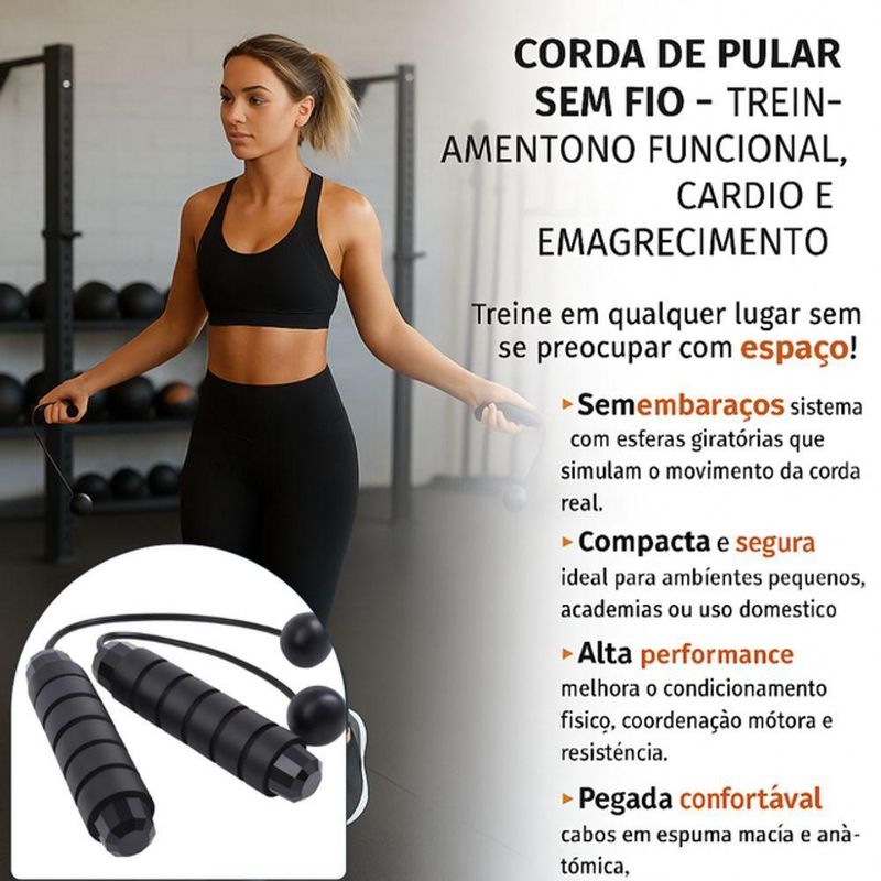 Corda de Pular sem Fio Portátil Treinamento Funcional Cardio Emagrecimento Preto