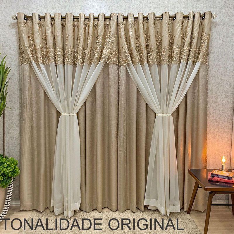 Cortina Fenomenal para Varão Xale Bordado Poliéster para Decoração Bronze