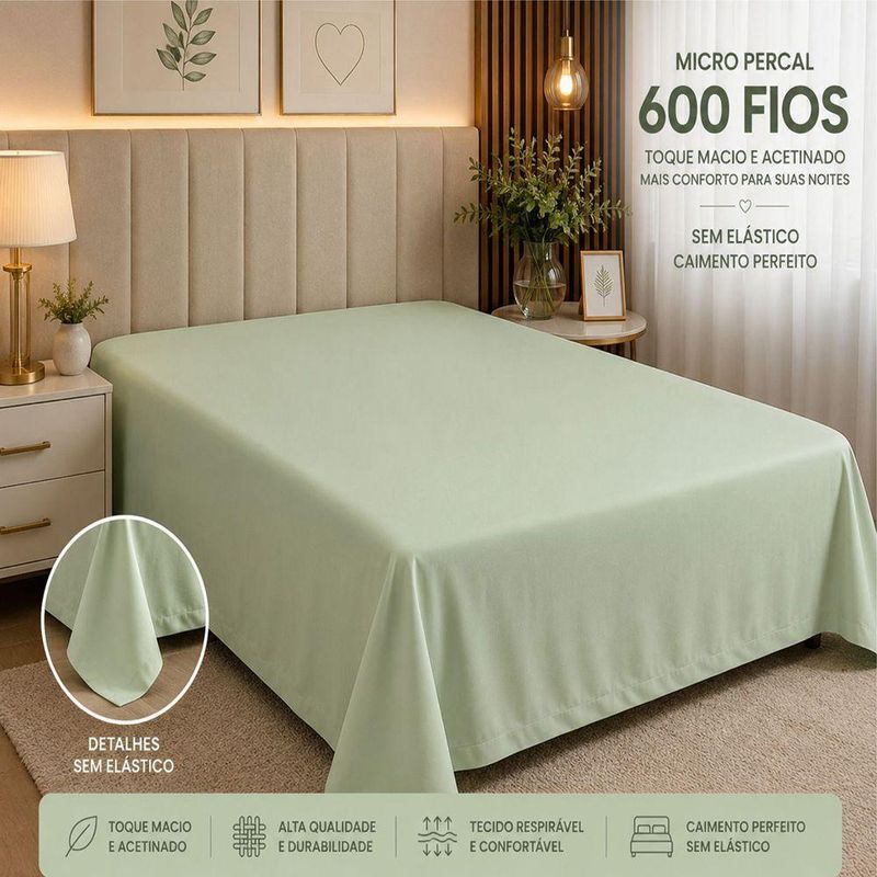 Lençol Avulso Quality Solteiro Micropercal 600 Fios Macio sem Elástico Verde Claro Casa Show