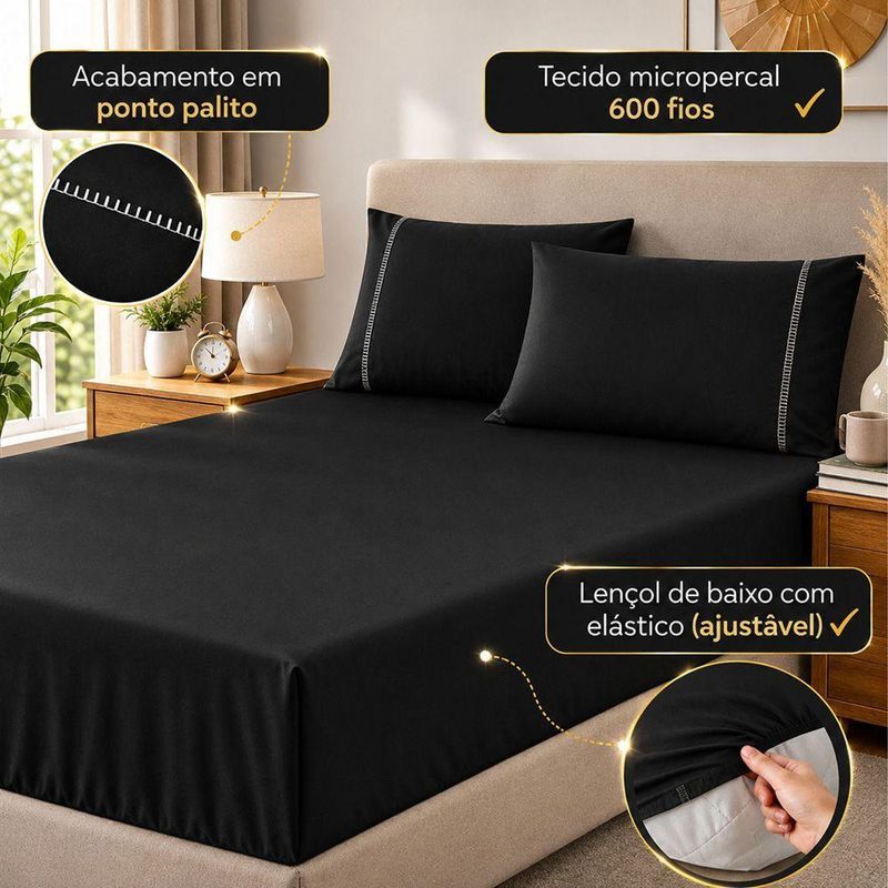 Jogo de Cama Lençol Quality King 3 Peças Micropercal 600 Fios Preto Casa Show Enxovais