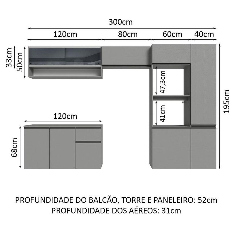 Armário de cozinha completa suspenso 300cm cinza nimes madesa 07