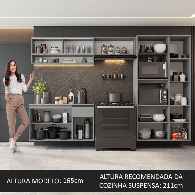 Armário de cozinha completa suspenso 300cm cinza nimes madesa 07