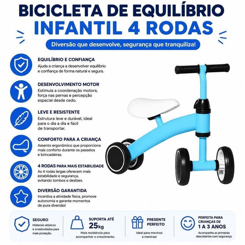 Bicicleta de Equilíbrio Infantil 4 Rodas sem Pedal Azul Utimix para Criança 1 a 3 Anos