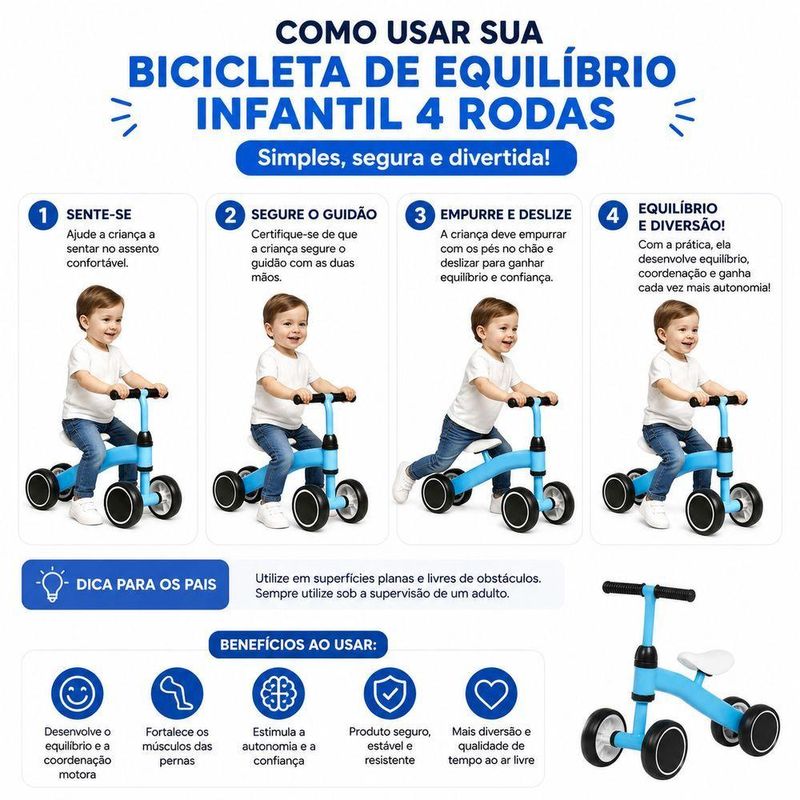 Bicicleta de Equilíbrio Infantil 4 Rodas sem Pedal Azul Utimix para Criança 1 a 3 Anos