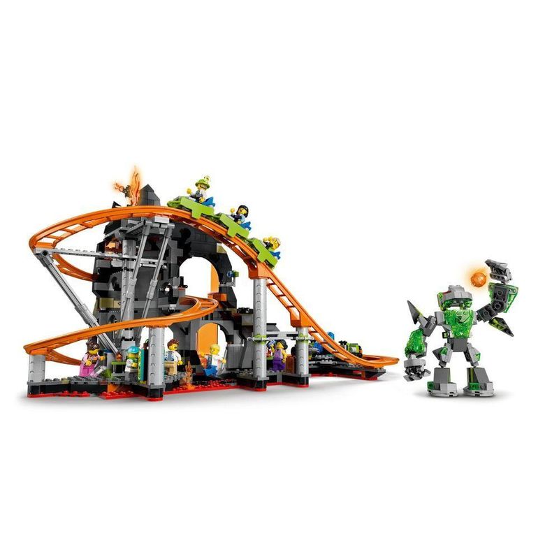 Conjunto de Construção Parque de Montanhas-russas Lava Land com Loop e Rocha de Lava Móvel Amarelo
