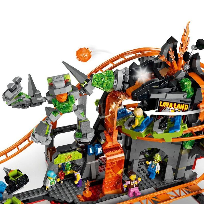 Conjunto de Construção Parque de Montanhas-russas Lava Land com Loop e Rocha de Lava Móvel Amarelo