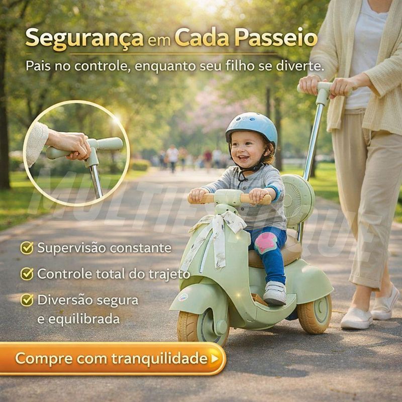 Moto Elétrica Infantil 6V com Empurrador Bateria Recarregável Verde Unitoys