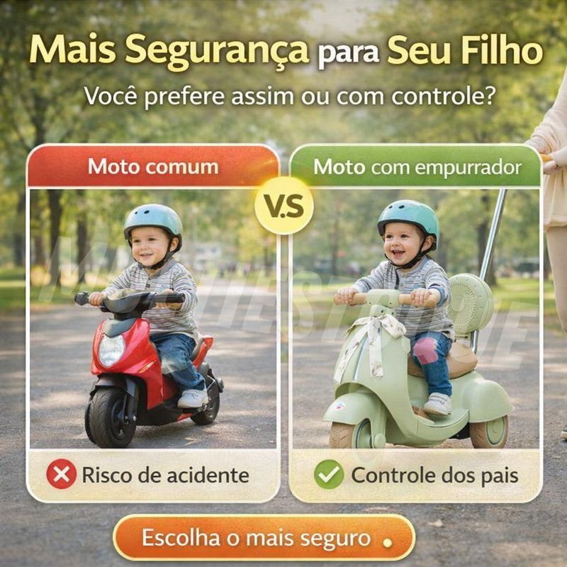 Moto Elétrica Infantil 6V com Empurrador Bateria Recarregável Verde Unitoys
