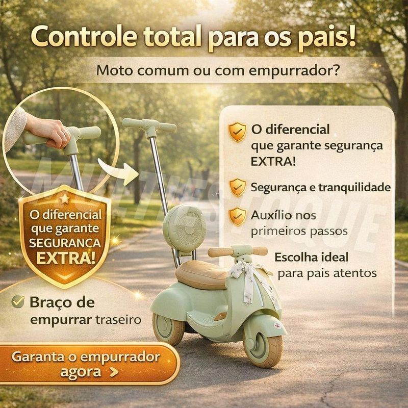 Moto Elétrica Infantil 6V com Empurrador Bateria Recarregável Verde Unitoys