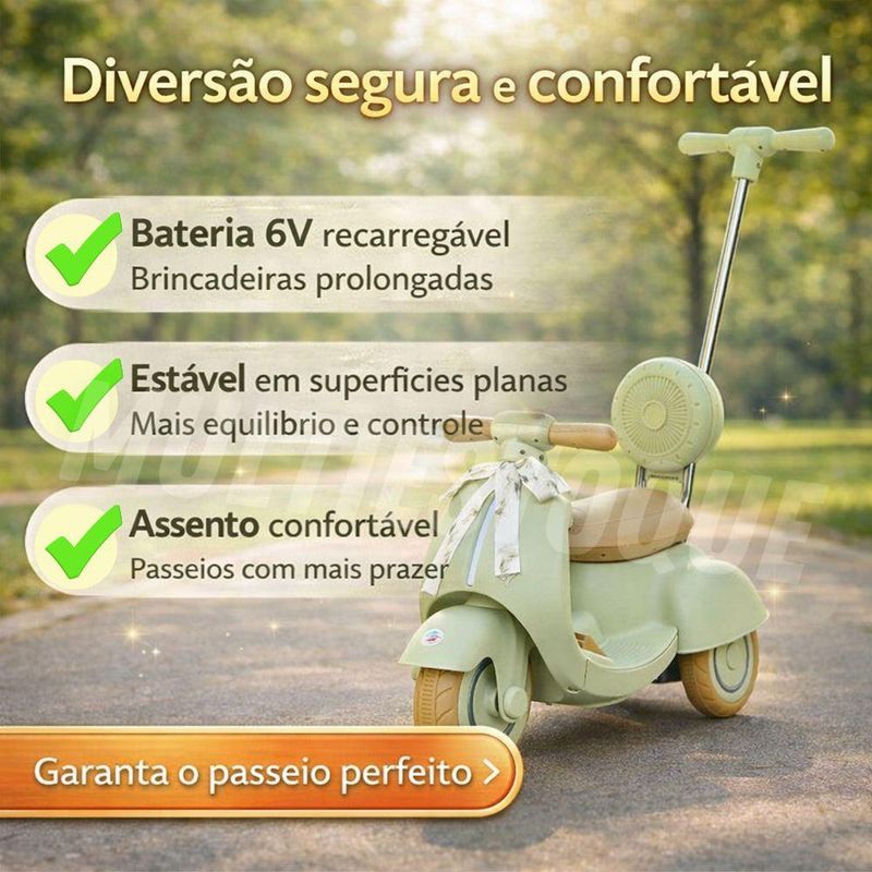 Moto Elétrica Infantil 6V com Empurrador Bateria Recarregável Verde Unitoys