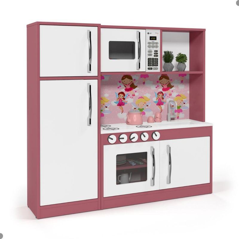 Armário Infantil Aquarel Cozinha com Refrigerador Lux 5 Portas MDF 15mm 114CM Branco e Rosa