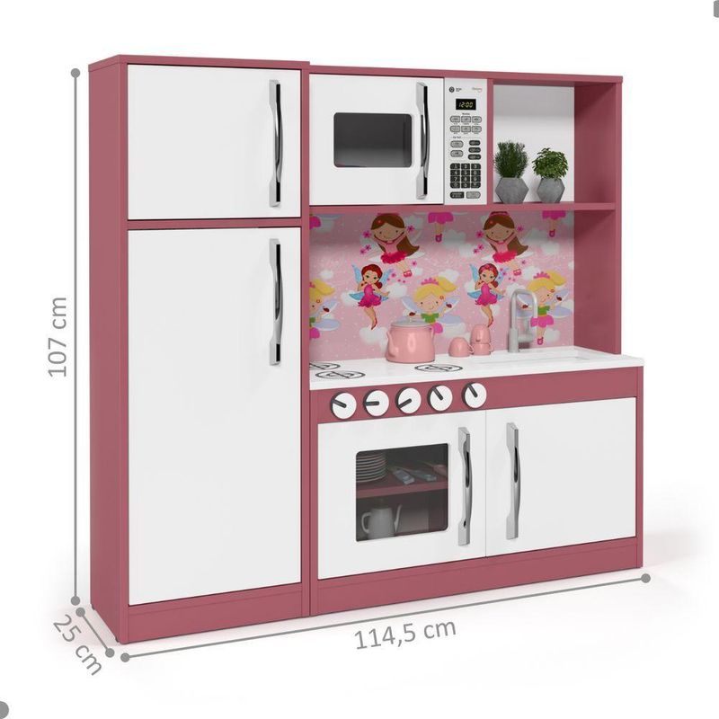 Armário Infantil Aquarel Cozinha com Refrigerador Lux 5 Portas MDF 15mm 114CM Branco e Rosa