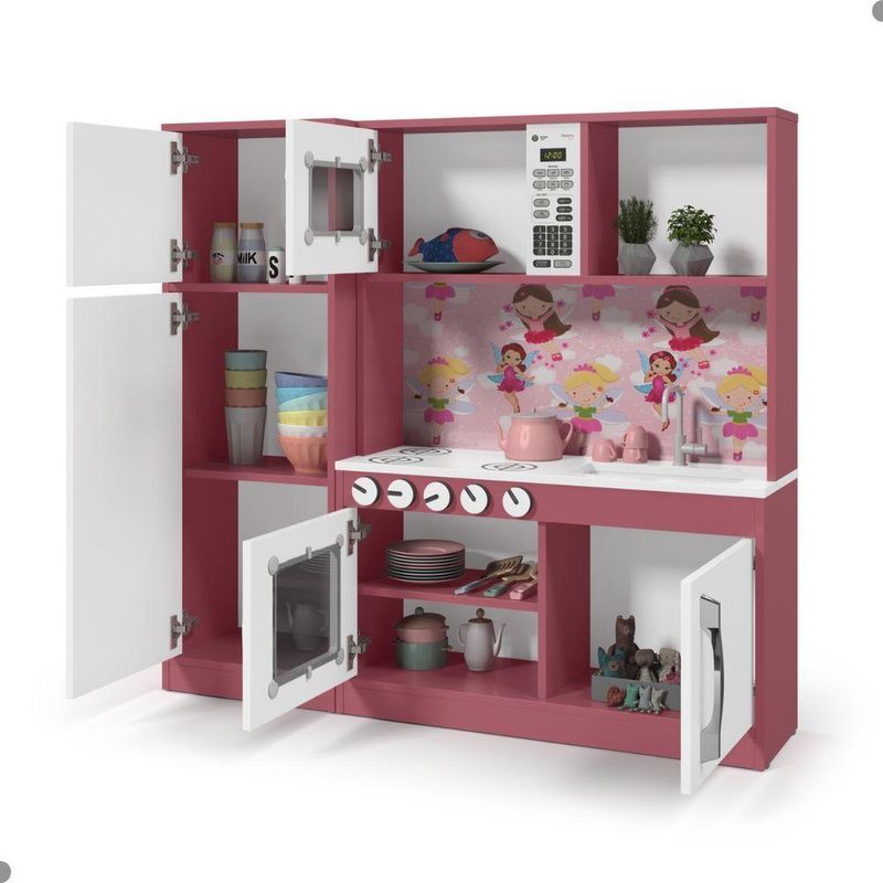 Armário Infantil Aquarel Cozinha com Refrigerador Lux 5 Portas MDF 15mm 114CM Branco e Rosa