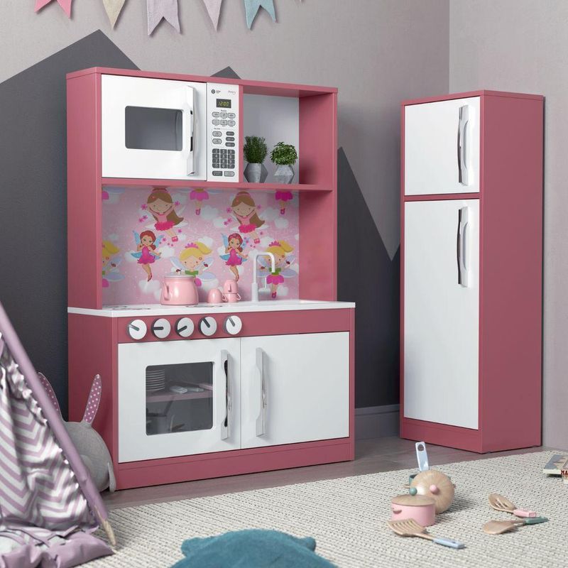 Armário Infantil Aquarel Cozinha com Refrigerador Lux 5 Portas MDF 15mm 114CM Branco e Rosa