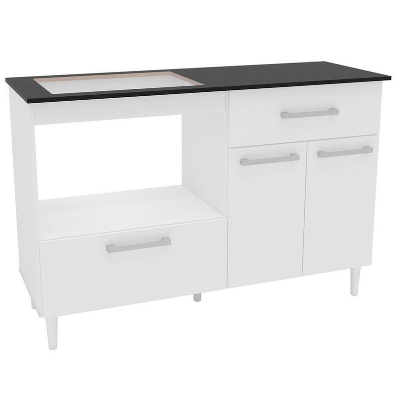Balcão para cooktop de 4 bocas politorno cidra com nicho para micro-ondas, 3 portas e 1 gaveta - branco/preto