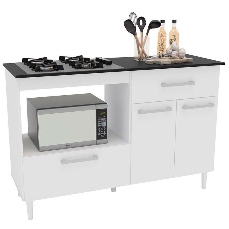 Balcão para cooktop de 4 bocas politorno cidra com nicho para micro-ondas, 3 portas e 1 gaveta - branco/preto