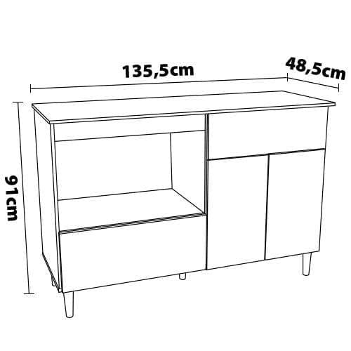 Balcão para cooktop de 4 bocas politorno cidra com nicho para micro-ondas, 3 portas e 1 gaveta - branco/preto
