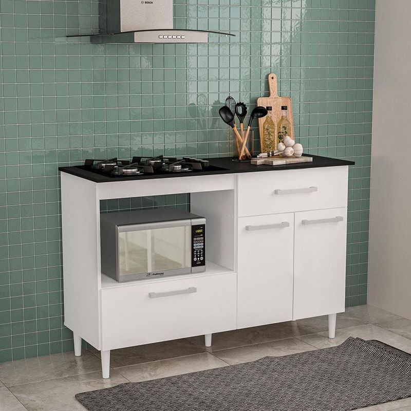 Balcão para cooktop de 4 bocas politorno cidra com nicho para micro-ondas, 3 portas e 1 gaveta - branco/preto