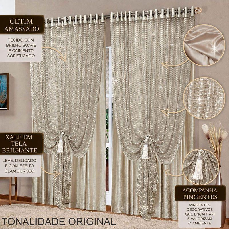 Cortina Medyna para Varão Cetim Amassado com Xale Tela Brilhante Bronze