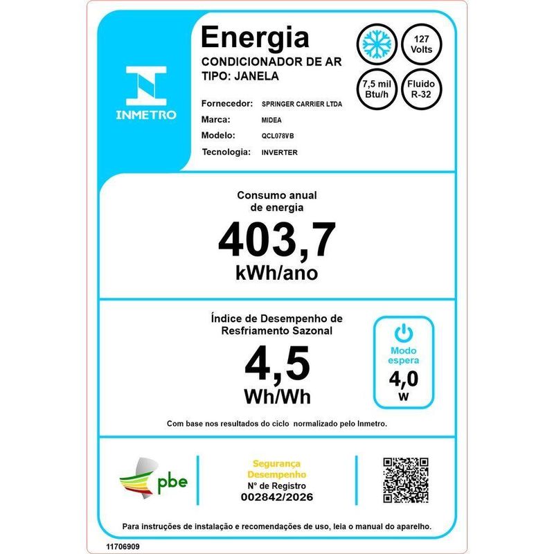 Ar Condicionado Janela Inverter Midea Eletrônico Com Controle Remoto e Wi-Fi 7500 BTUs Frio 127V QCL078VB