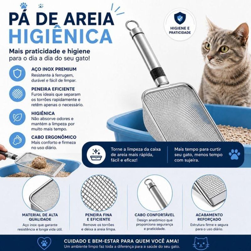 Pá Coletora para Areia de Gatos em Aço Inoxidável com Peneira 1