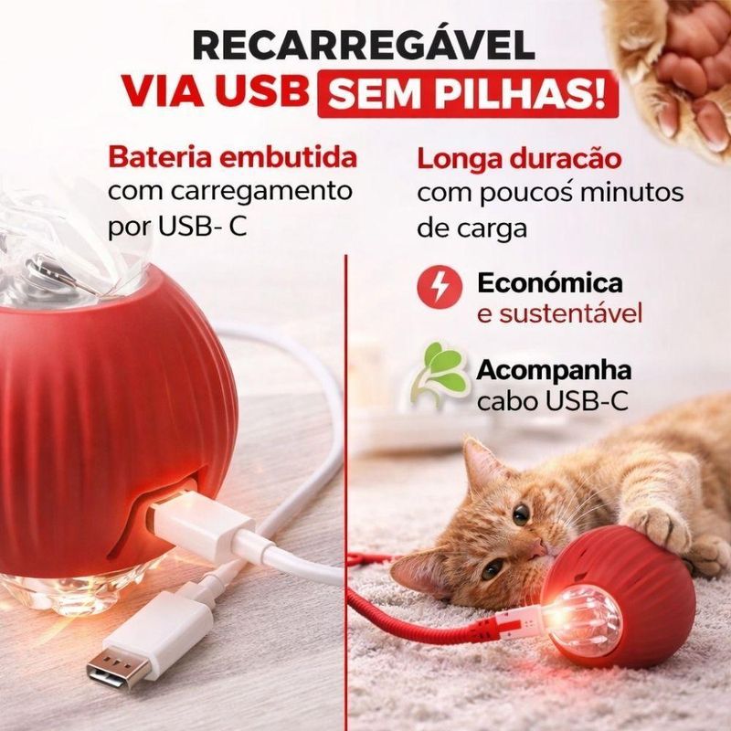 Brinquedo Interativo para Pets Bola Inteligente Recarregavel Usb para Gatos e Caes Pequenos Abs