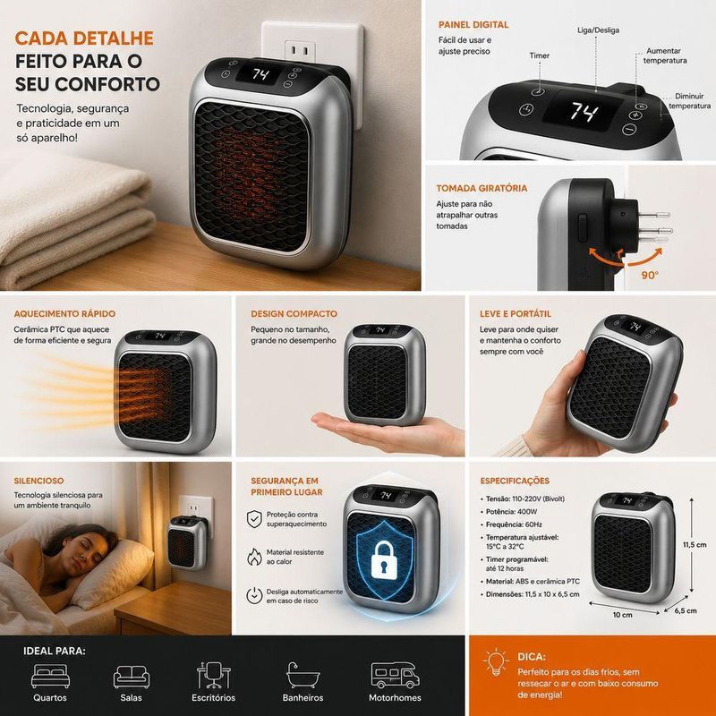 Aquecedor Portátil de Tomada com Display Digital e Timer 1200W para Quarto Escritório e Banheiro