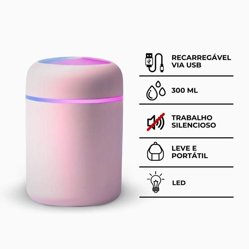 Umidificador Portátil Ultrassônico Usb Utimix 300ML com Luminária Led Difusor de Aroma Rosa