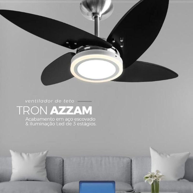 Ventilador de Teto Tron 130W 120CM 4 Pás 3 Velocidades Preto Azzam 110V