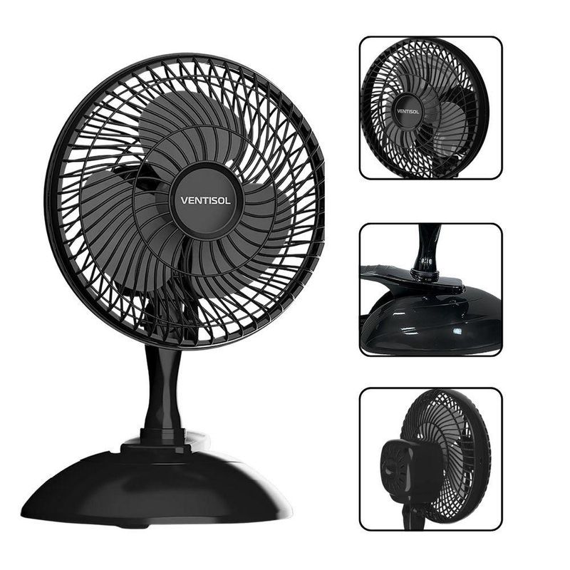 Mini Ventilador Ventisol 3 Velocidades 20CM 3 Pás Preto 220V