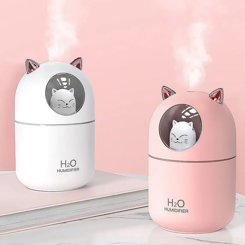 Umidificador Aromatizador Difusor Infantil Gatinho com Luz RGB USB Utimix 300ML Rosa DC5V