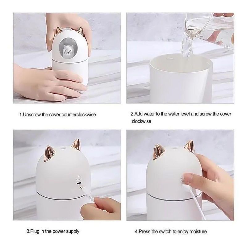Umidificador de Ar Utimix 300ML Infantil Gatinho com Luz RGB LED Rosa USB DC5V