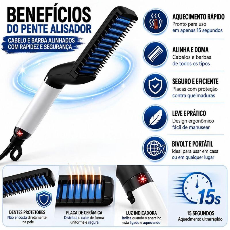 Pente Alisador de Cabelo e Barba Masculino Elétrico Cerâmica Utimix Bivolt