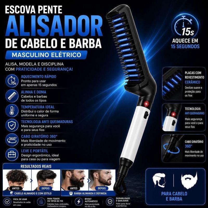 Pente Alisador de Cabelo e Barba Masculino Elétrico Cerâmica Utimix Bivolt